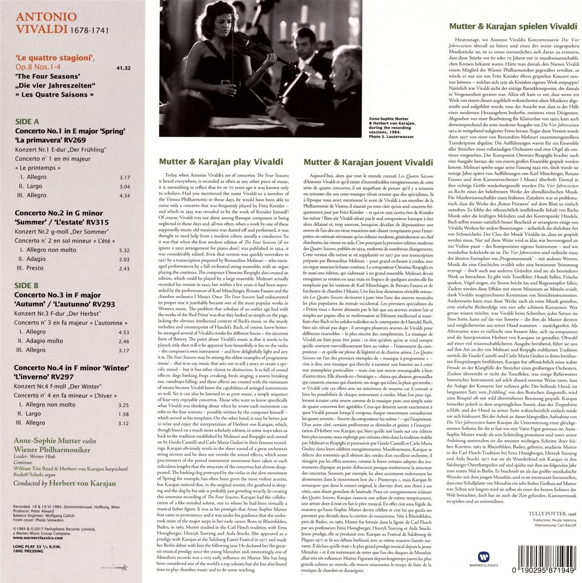 Anne-Sophie Mutter, Wiener Philharmoniker, Herbert Von Karajan. Vivaldi - The Four Seasons (LP) (180g) — изображение 2