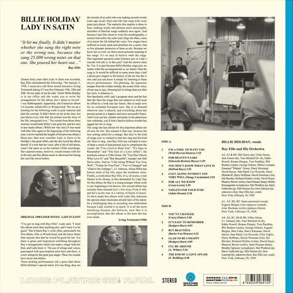 Billie Holiday With Ray Ellis And His Orchestra. Lady In Satin (LP) Blue, Limited Edition, Remastered — изображение 2